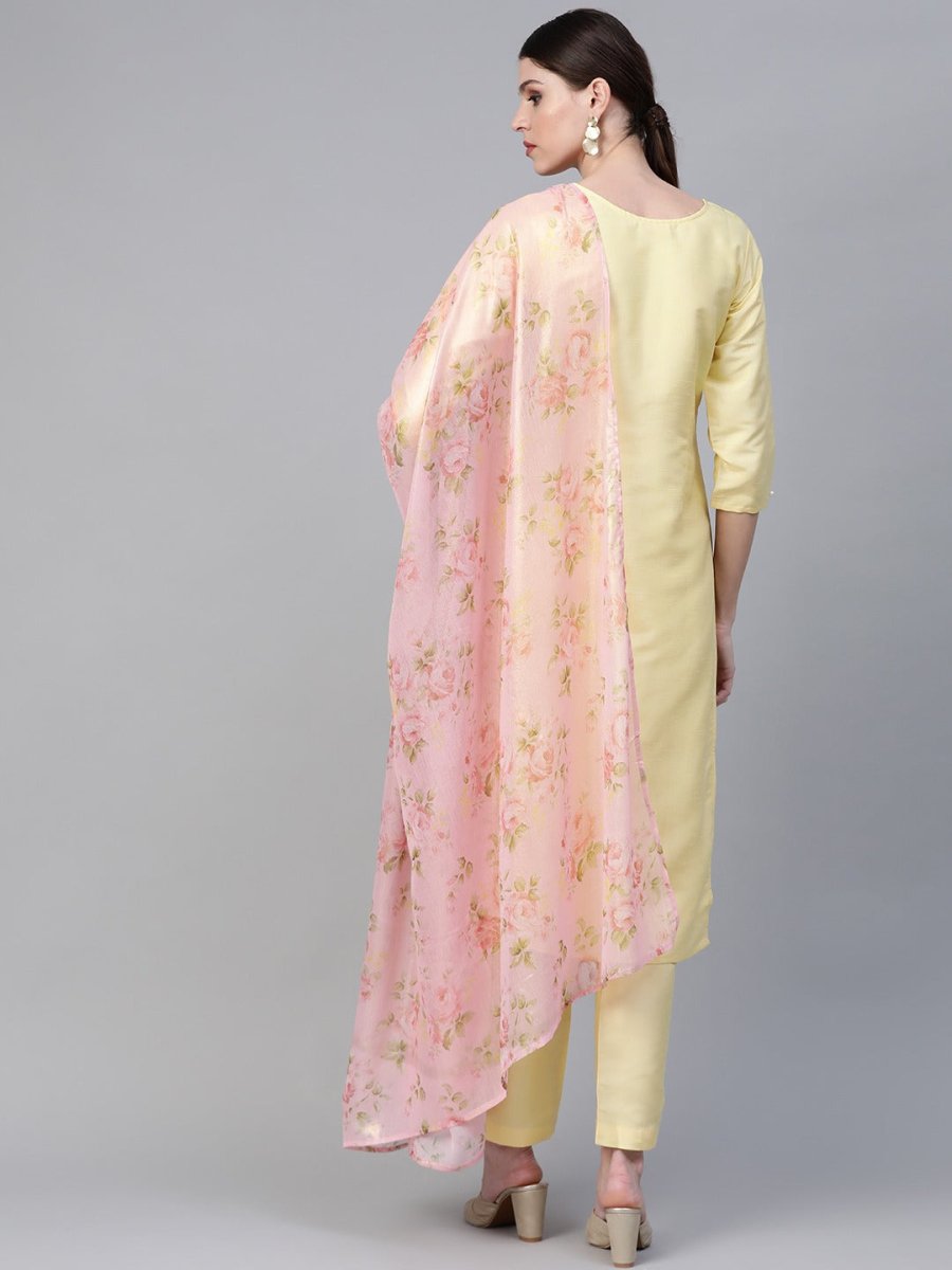 Ahalyaa Women Yellow & Pink Solid Kurta with Trousers & Floral Dupatta