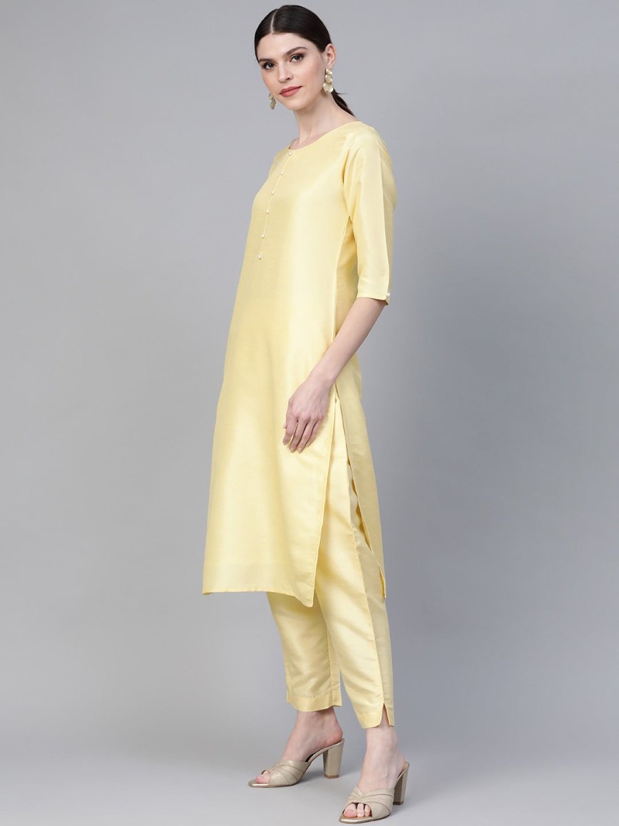 Ahalyaa Women Yellow & Pink Solid Kurta with Trousers & Floral Dupatta