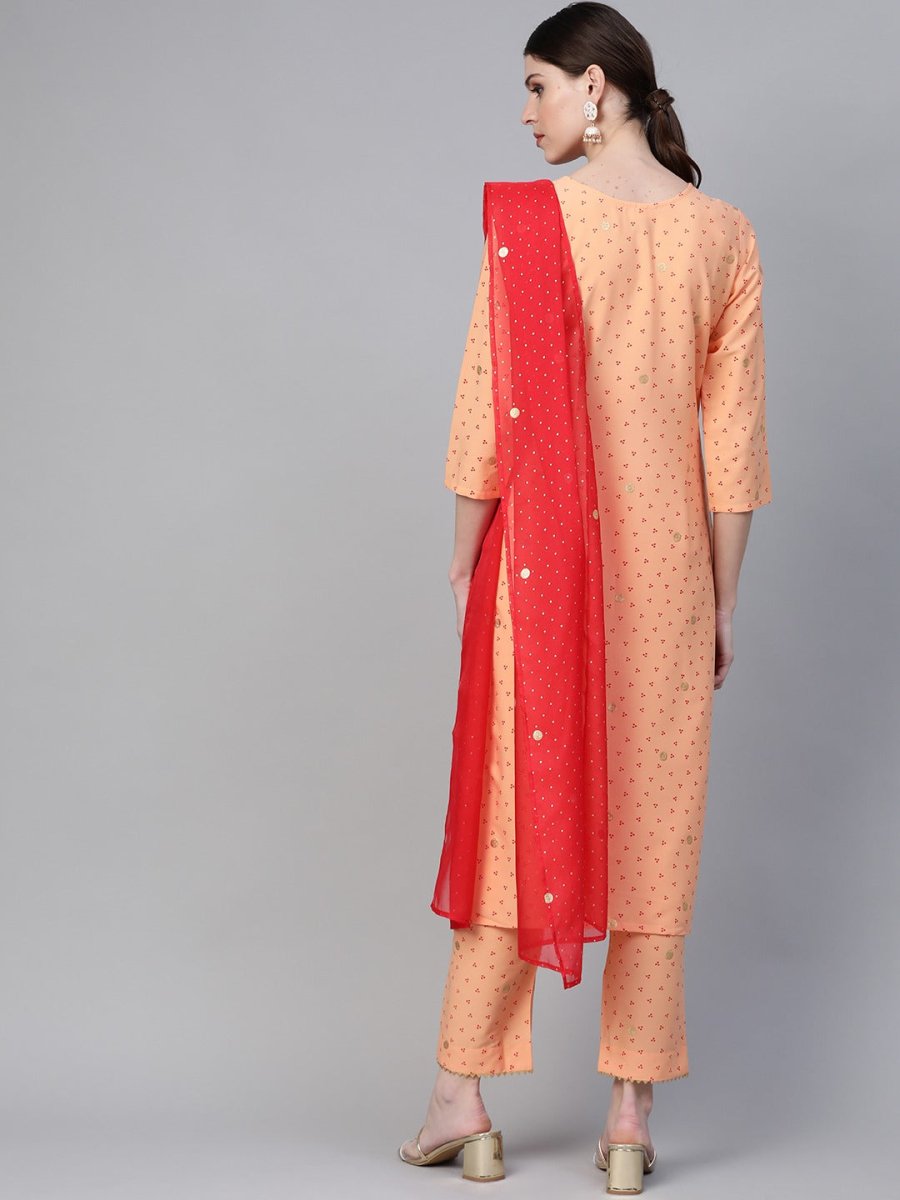 Ahalyaa Women Peach-Coloured & Red Screen Bandhani Printed Kurta with Trousers & Dupatta
