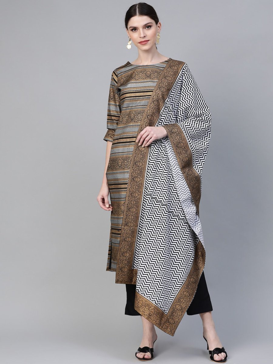 Ahalyaa Black & Golden Screen Printed Kurta with Trousers & Chevron Dupatta