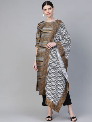 Ahalyaa Black & Golden Screen Printed Kurta with Trousers & Chevron Dupatta