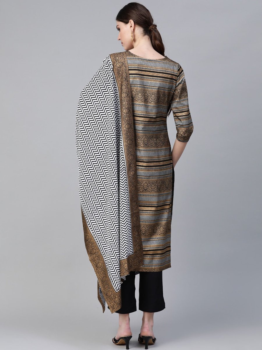 Ahalyaa Black & Golden Screen Printed Kurta with Trousers & Chevron Dupatta