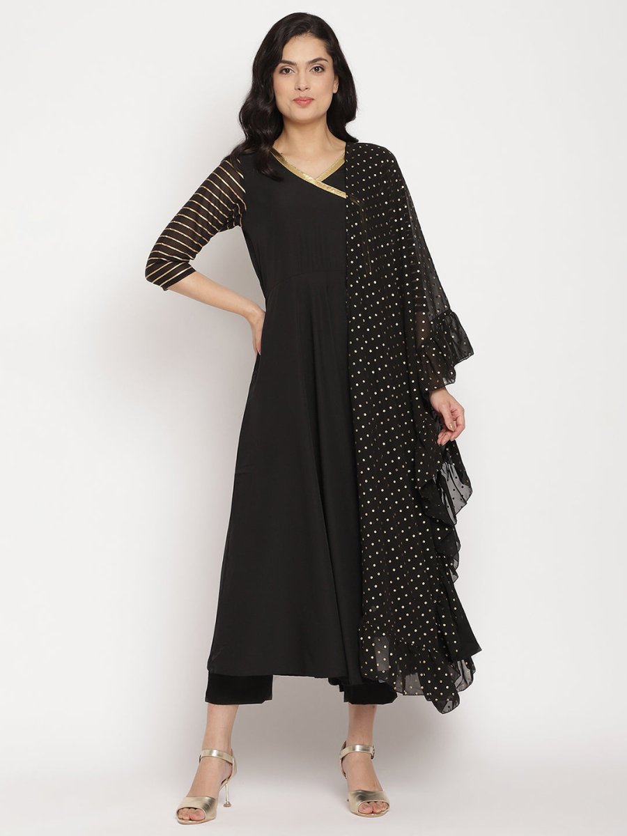Ahalyaa Women Black Printed Angrakha Kurta With Trousers & Dupatta