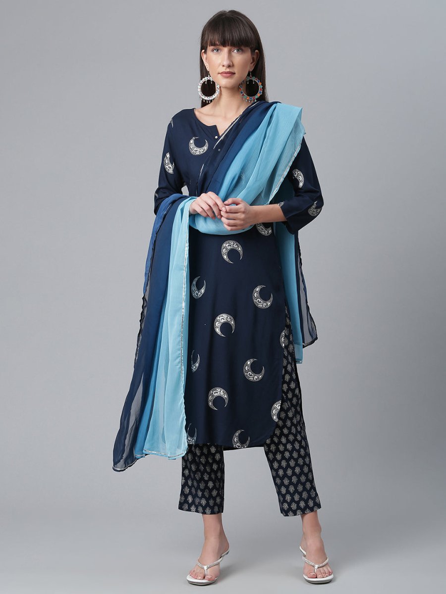 Ahalyaa Women Navy Blue Printed Regular Kurta With Trousers & Dupatta
