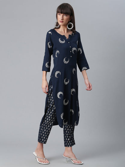 Ahalyaa Women Navy Blue Printed Regular Kurta With Trousers & Dupatta