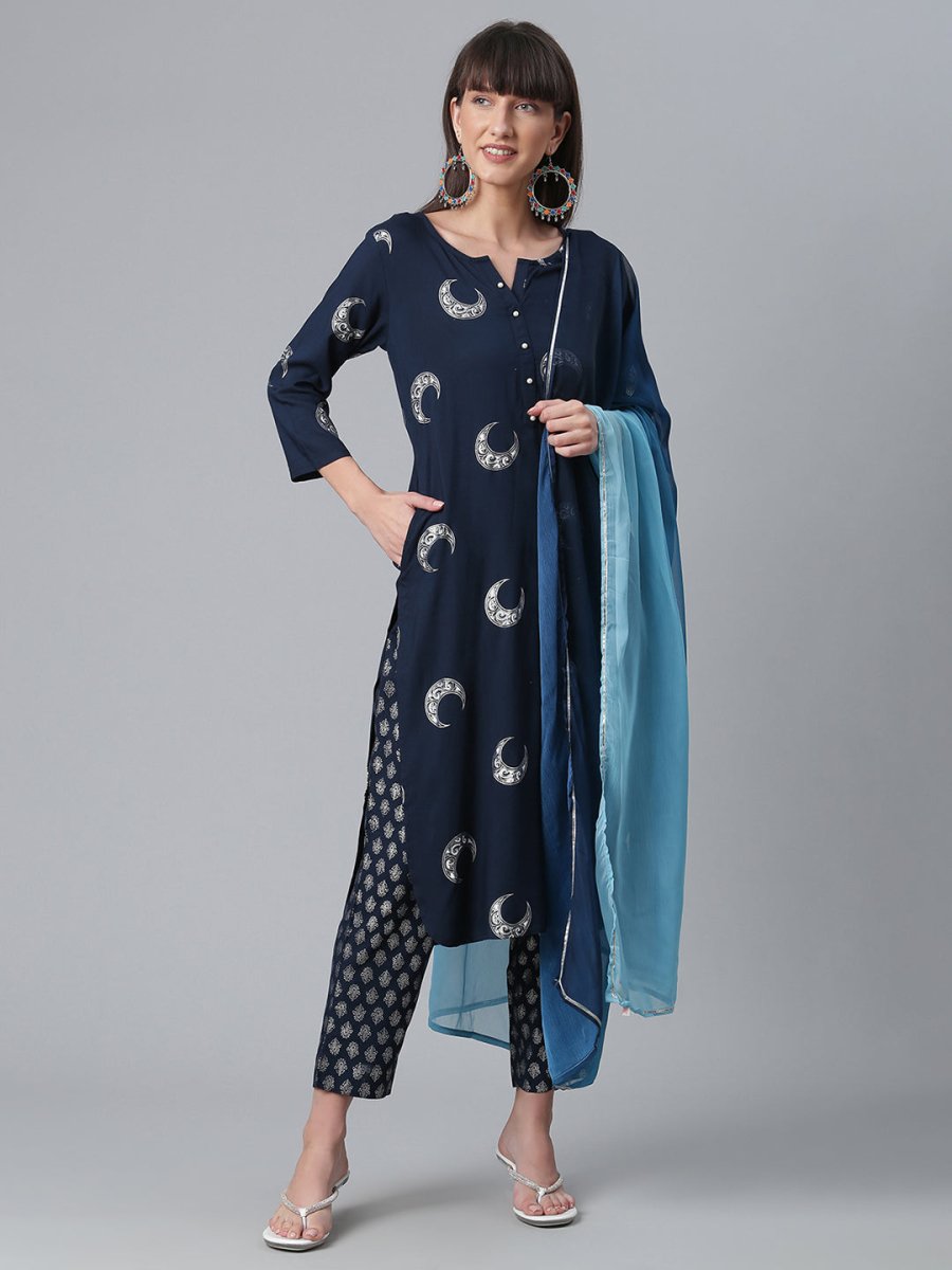 Ahalyaa Women Navy Blue Printed Regular Kurta With Trousers & Dupatta