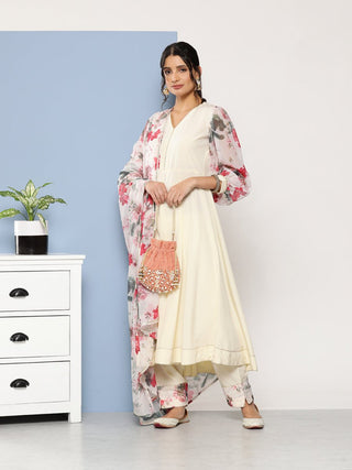 Ahalyaa Women Off White Floral Empire Gotta Patti Kurta with Trousers & With Dupatta - Distacart
