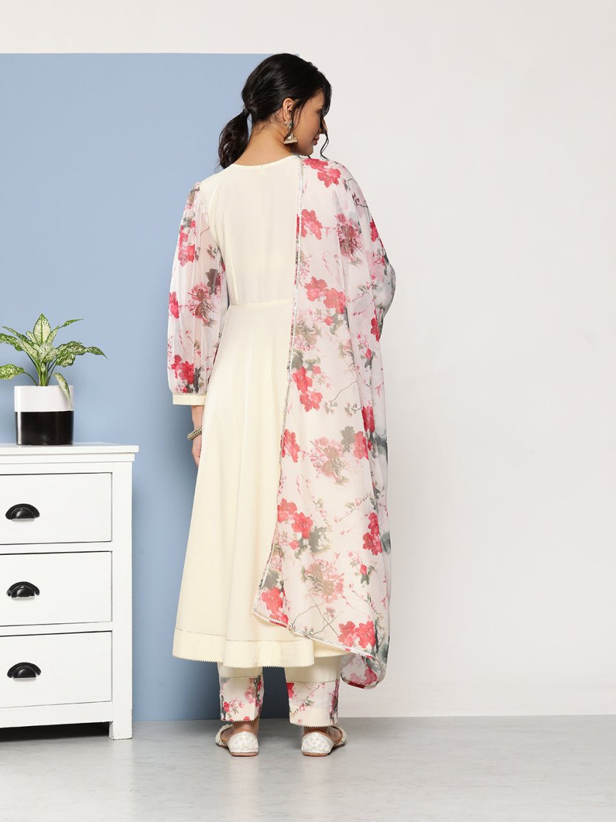 Ahalyaa Women Off White Floral Empire Gotta Patti Kurta with Trousers & With Dupatta - Distacart