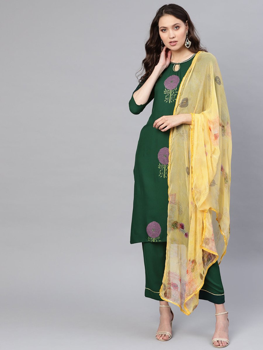 Ahalyaa Women Green & Yellow Printed Kurta With Trousers & Dupatta