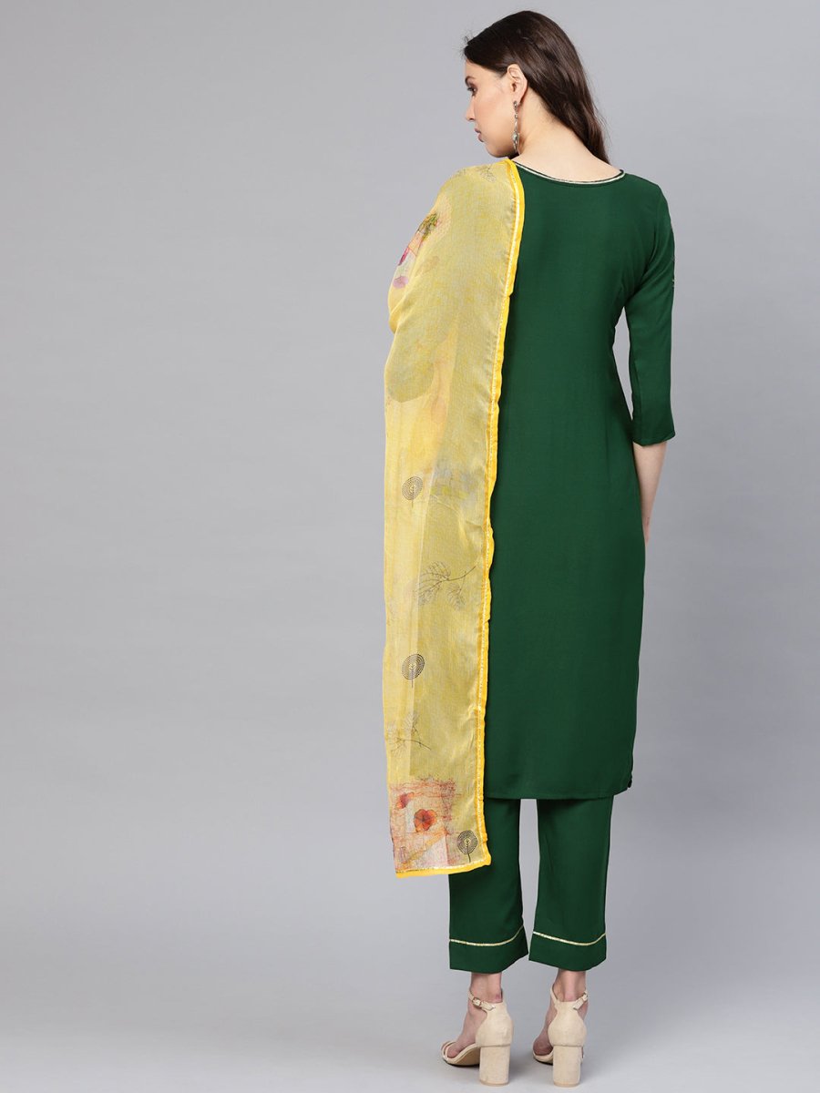 Ahalyaa Women Green & Yellow Printed Kurta With Trousers & Dupatta