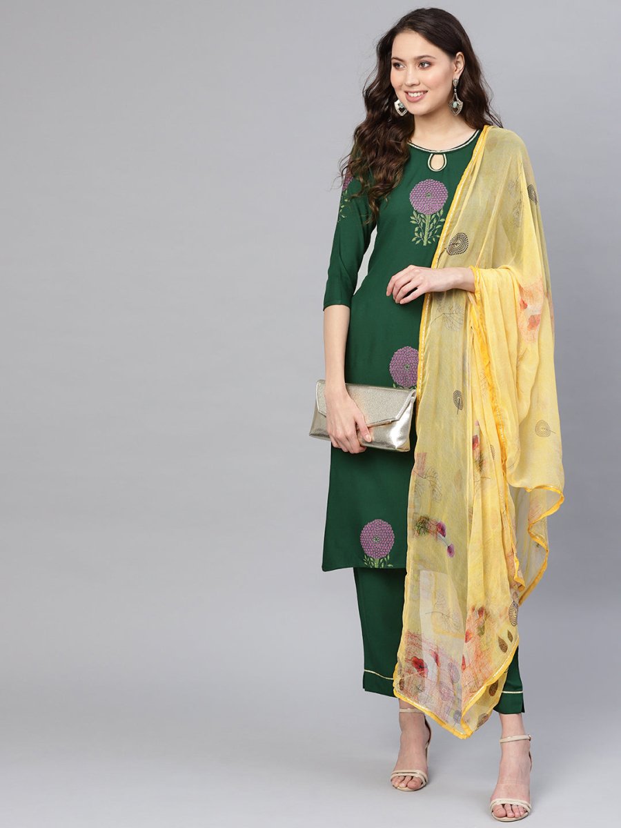 Ahalyaa Women Green & Yellow Printed Kurta With Trousers & Dupatta