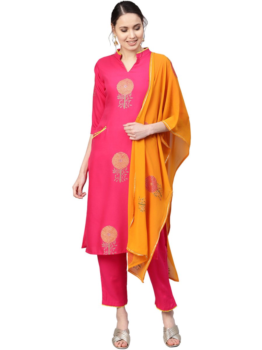 Ahalyaa Fuchsia Viscose Rayon Straight Kurta Set