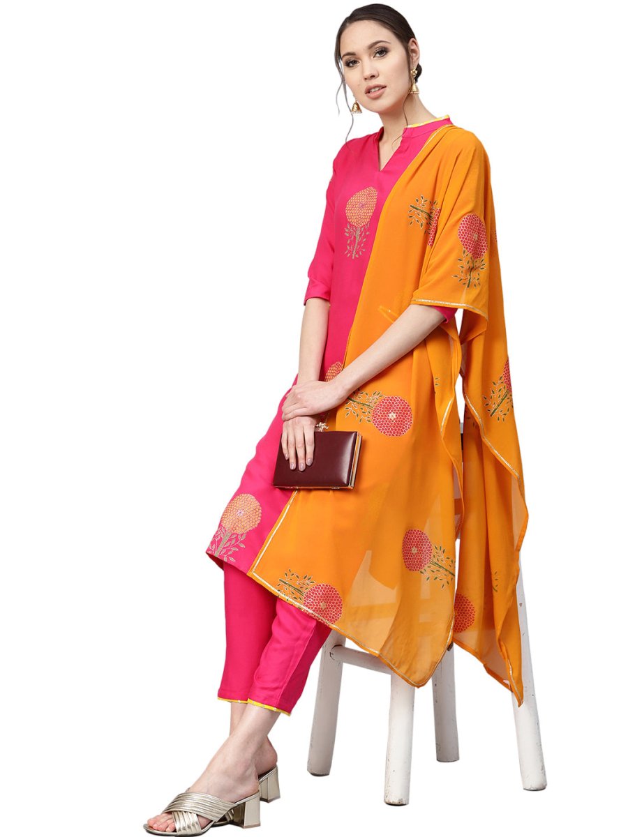 Ahalyaa Fuchsia Viscose Rayon Straight Kurta Set