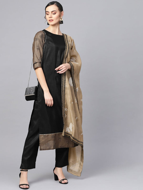 Ahalyaa Black Solid Kurta with Trousers & Dupatta