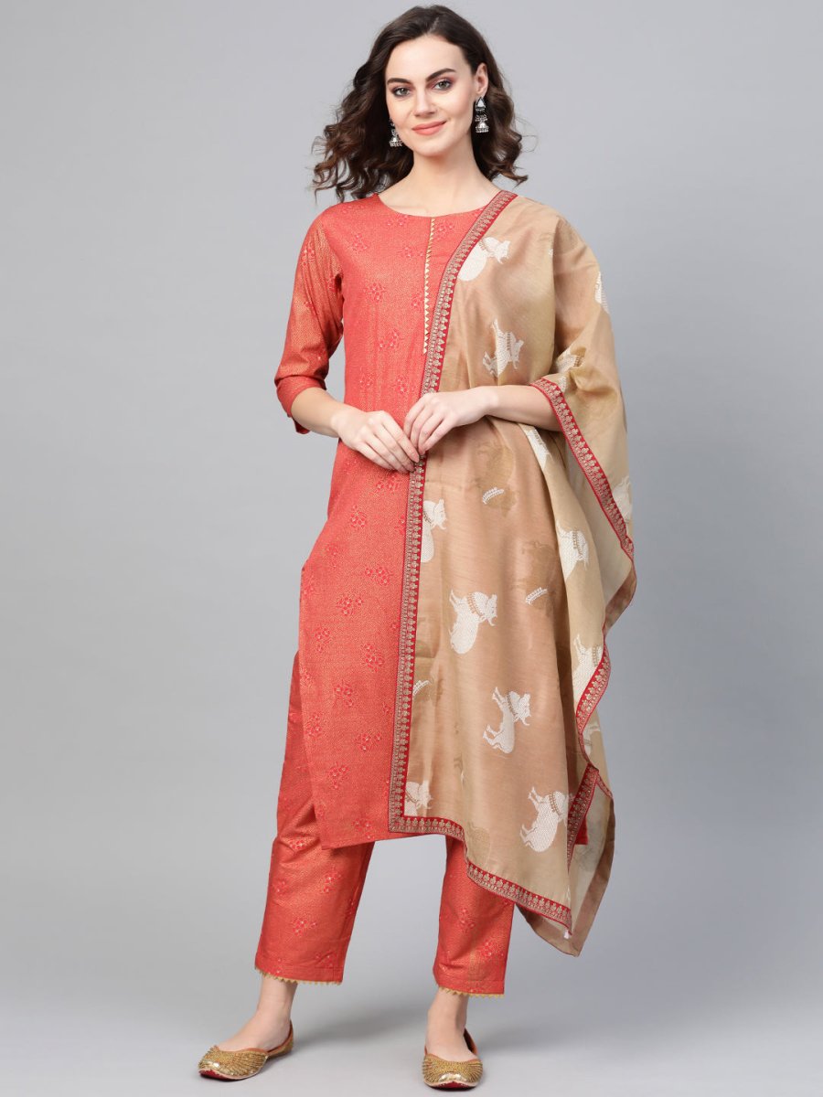 Ahalyaa Women Red & Golden Printed Kurta with Trousers & Dupatta