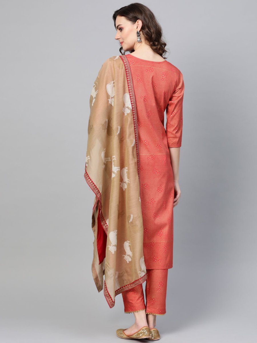 Ahalyaa Women Red & Golden Printed Kurta with Trousers & Dupatta