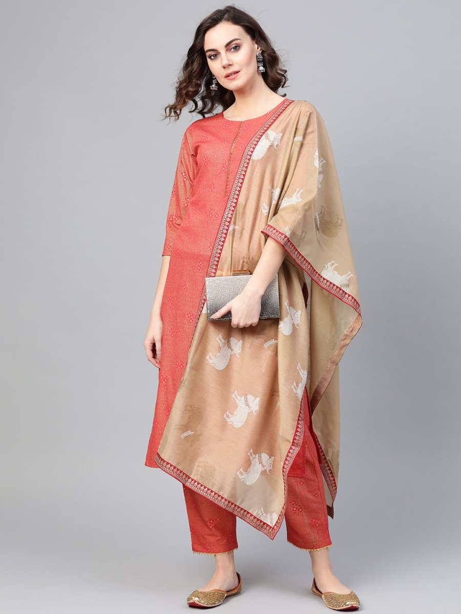 Ahalyaa Women Red & Golden Printed Kurta with Trousers & Dupatta