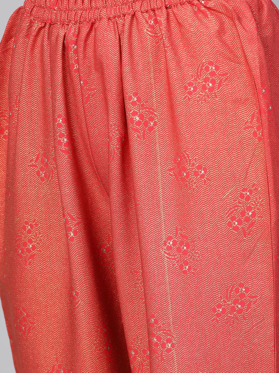 Ahalyaa Women Red & Golden Printed Kurta with Trousers & Dupatta