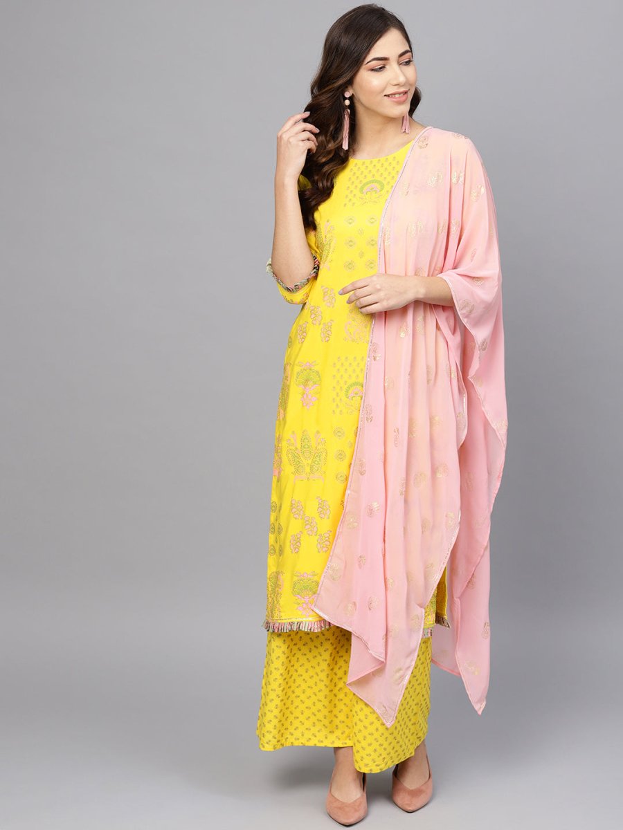 Ahalyaa Women Yellow & Pink Printed Kurta with Palazzos & Dupatta