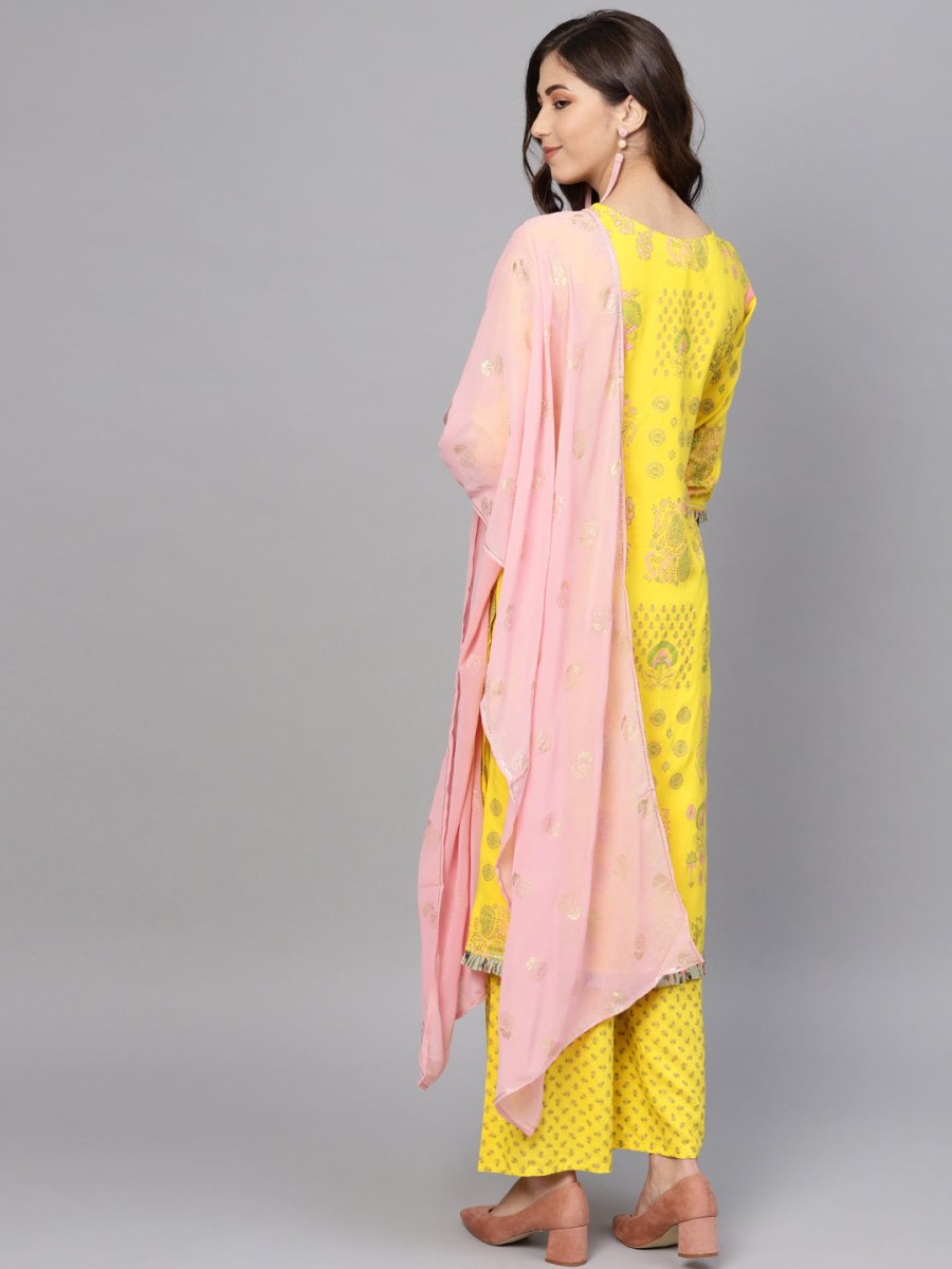 Ahalyaa Women Yellow & Pink Printed Kurta with Palazzos & Dupatta