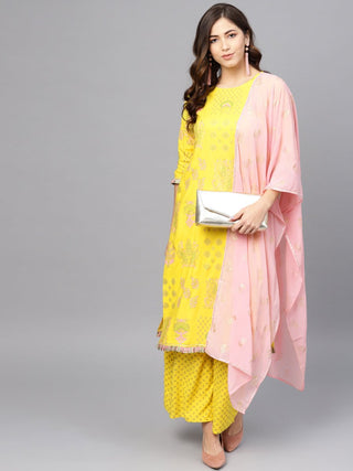 Ahalyaa Women Yellow & Pink Printed Kurta with Palazzos & Dupatta