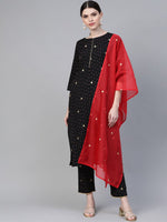 Thumbnail for Ahalyaa Women Black & Pink Bandhani Khari Printed Kurta with Trousers & Dupatta