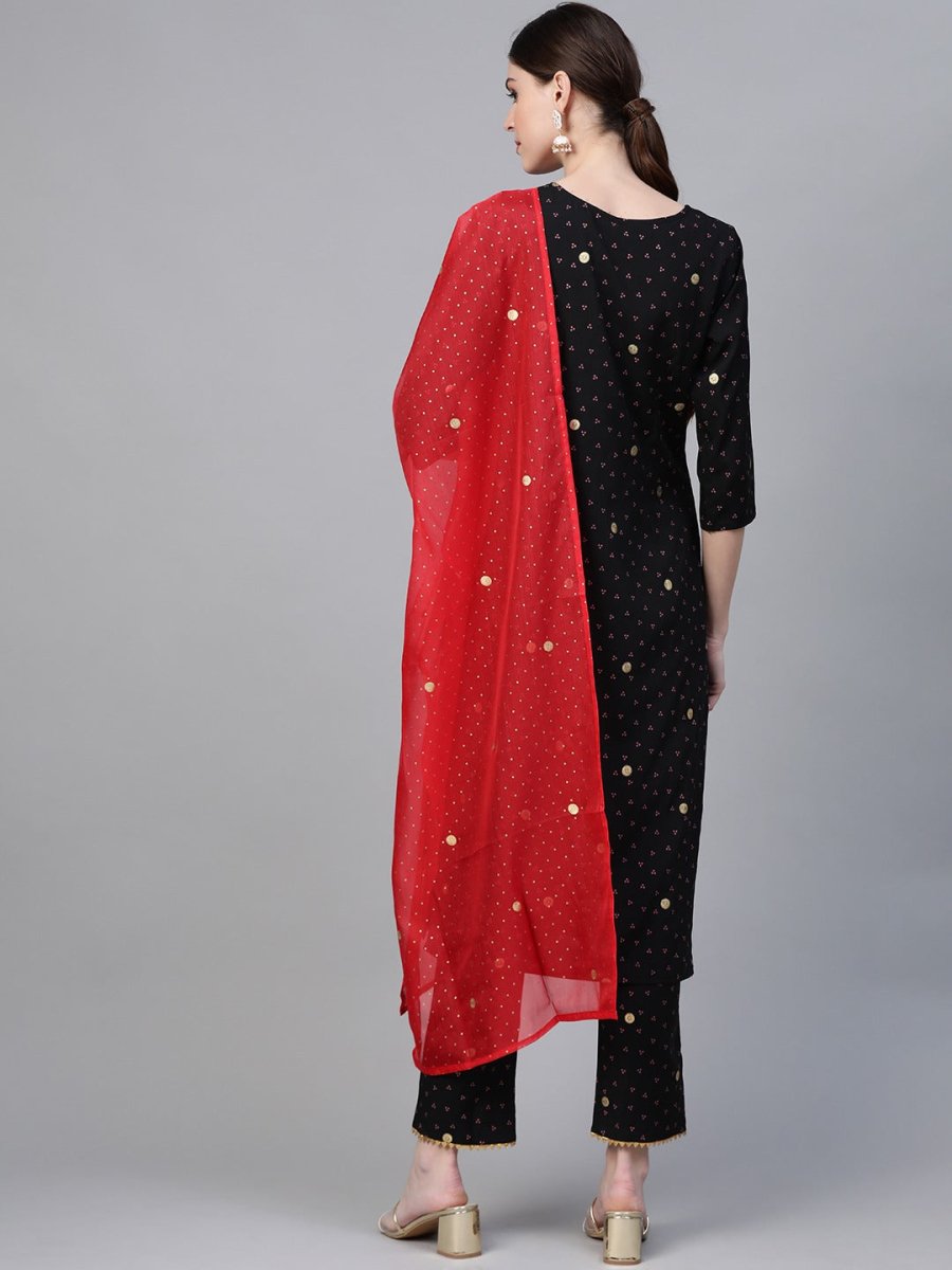 Ahalyaa Women Black & Pink Bandhani Khari Printed Kurta with Trousers & Dupatta