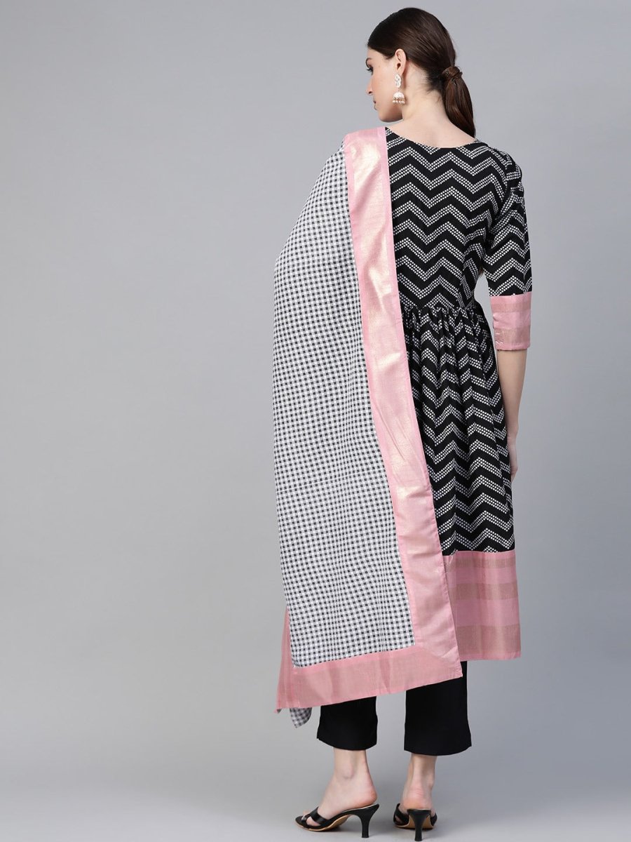 Ahalyaa Women Black & White Polka Dots Chevron Khari Printed Kurta with Trousers & Dupatta