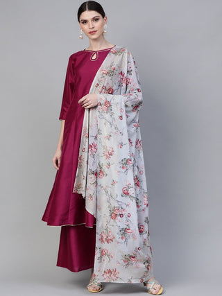 Ahalyaa Women Magenta & Grey Solid Anarkali Kurta with Palazzos & Floral Dupatta