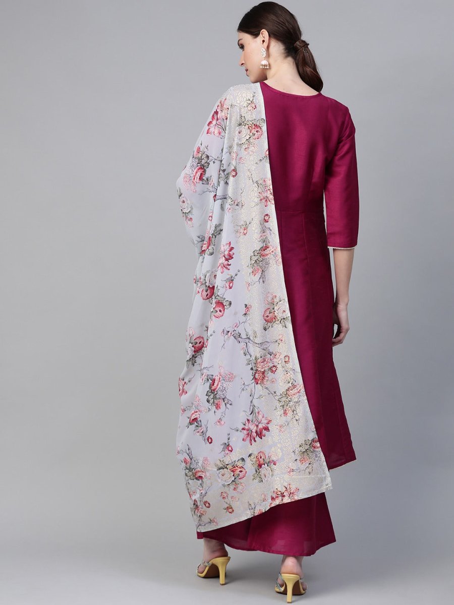 Ahalyaa Women Magenta & Grey Solid Anarkali Kurta with Palazzos & Floral Dupatta