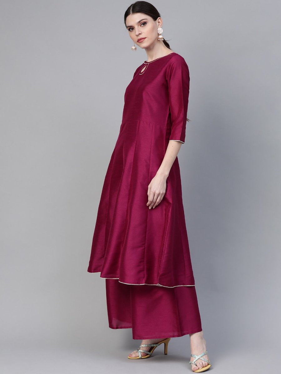 Ahalyaa Women Magenta & Grey Solid Anarkali Kurta with Palazzos & Floral Dupatta