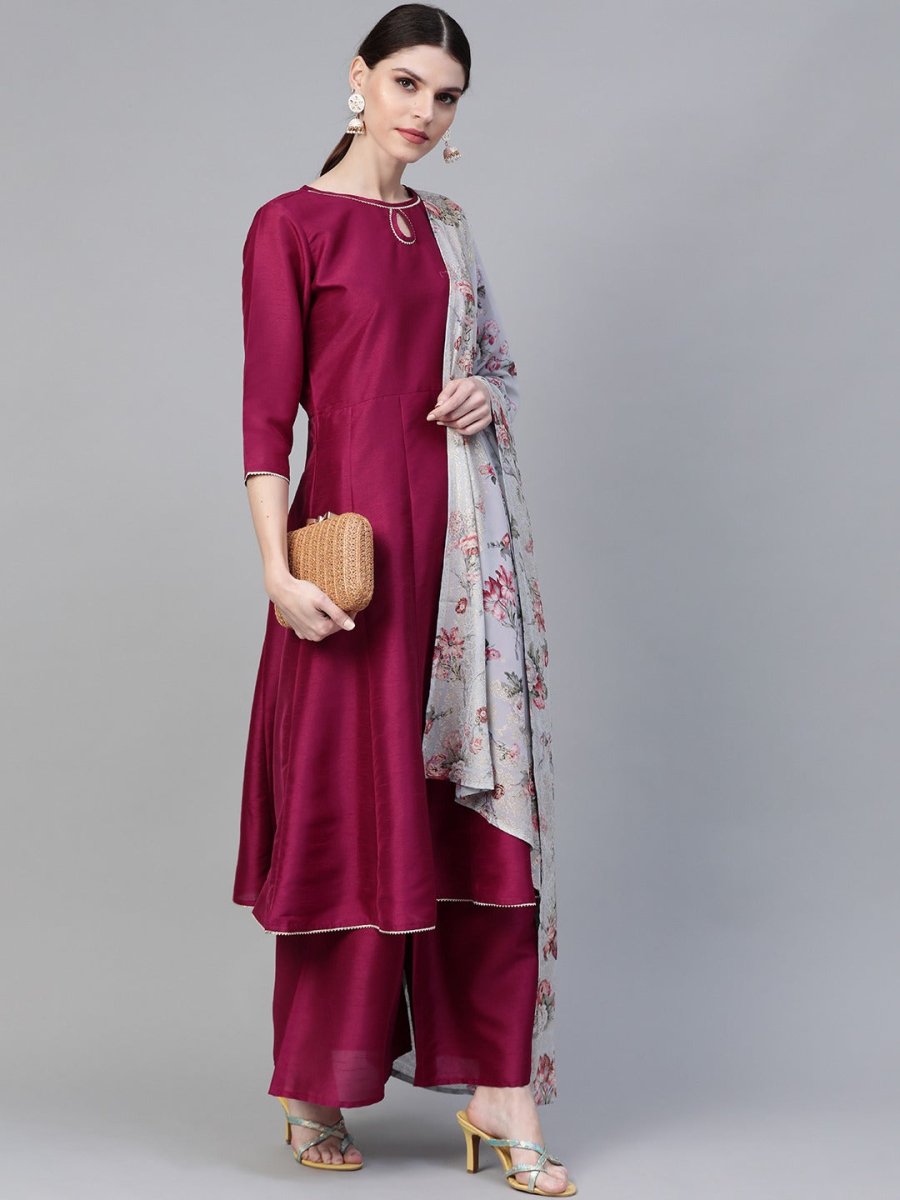 Ahalyaa Women Magenta & Grey Solid Anarkali Kurta with Palazzos & Floral Dupatta