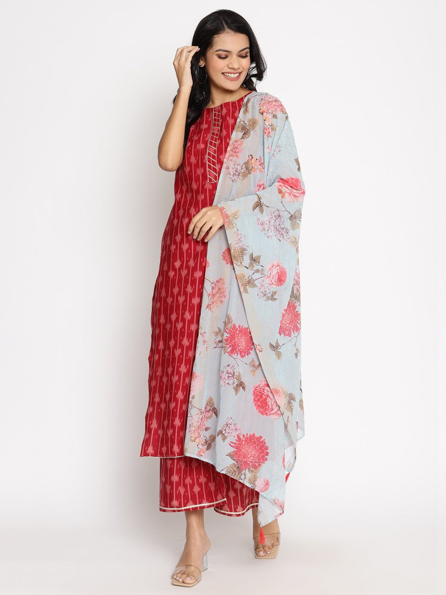 Ahalyaa Cotton Printed Kurta Plazzo With Dupatta Set