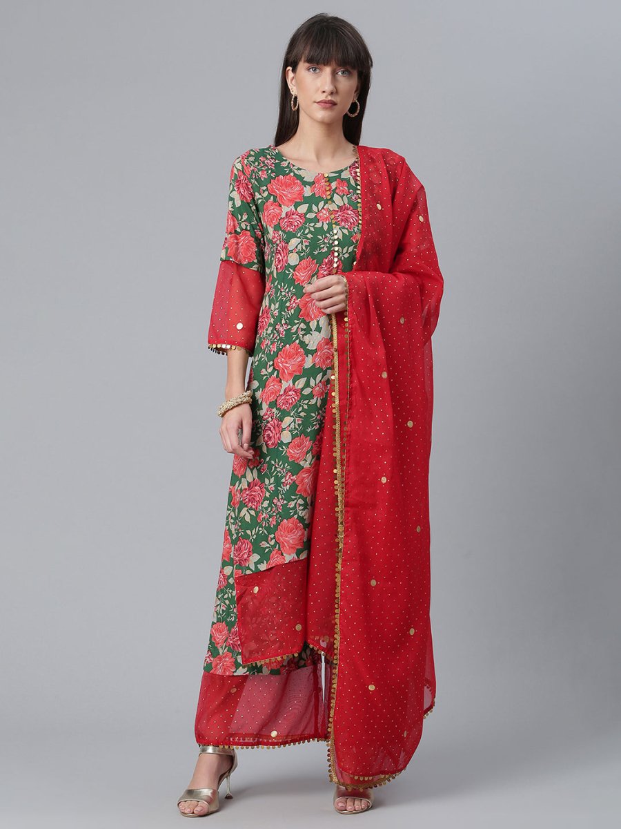 Ahalyaa Women Green Floral Printed Regular Kurta With Palazzos & Dupatta