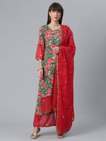 Thumbnail for Ahalyaa Women Green Floral Printed Regular Kurta With Palazzos & Dupatta
