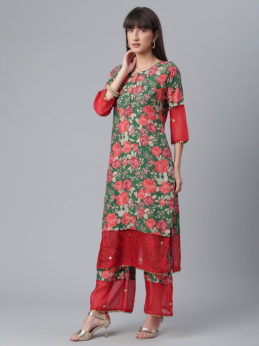Ahalyaa Women Green Floral Printed Regular Kurta With Palazzos & Dupatta