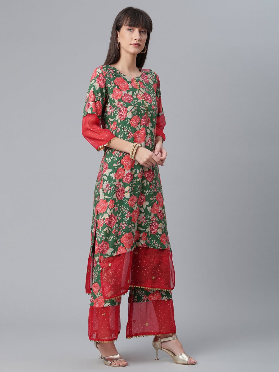 Ahalyaa Women Green Floral Printed Regular Kurta With Palazzos & Dupatta