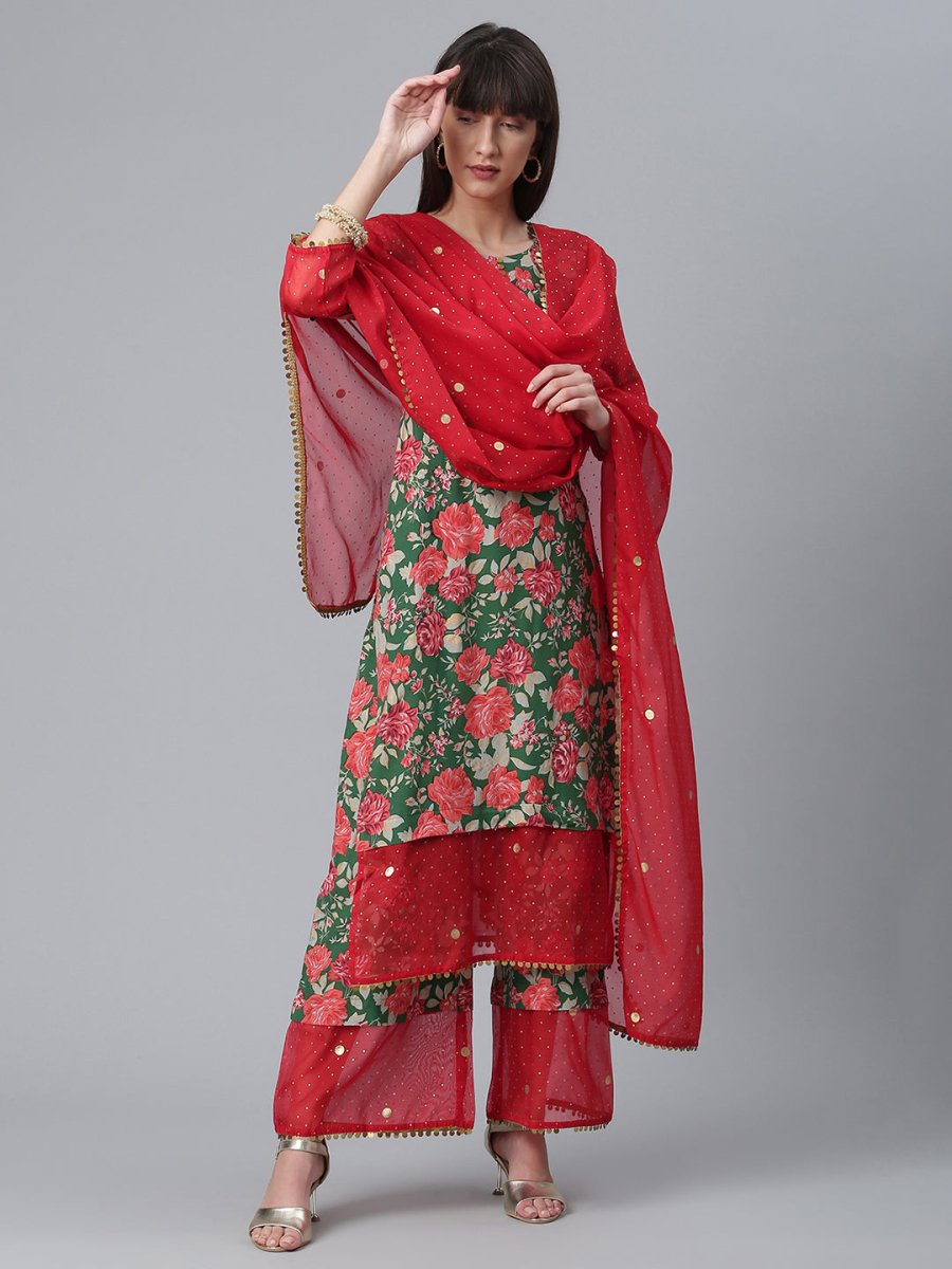 Ahalyaa Women Green Floral Printed Regular Kurta With Palazzos & Dupatta