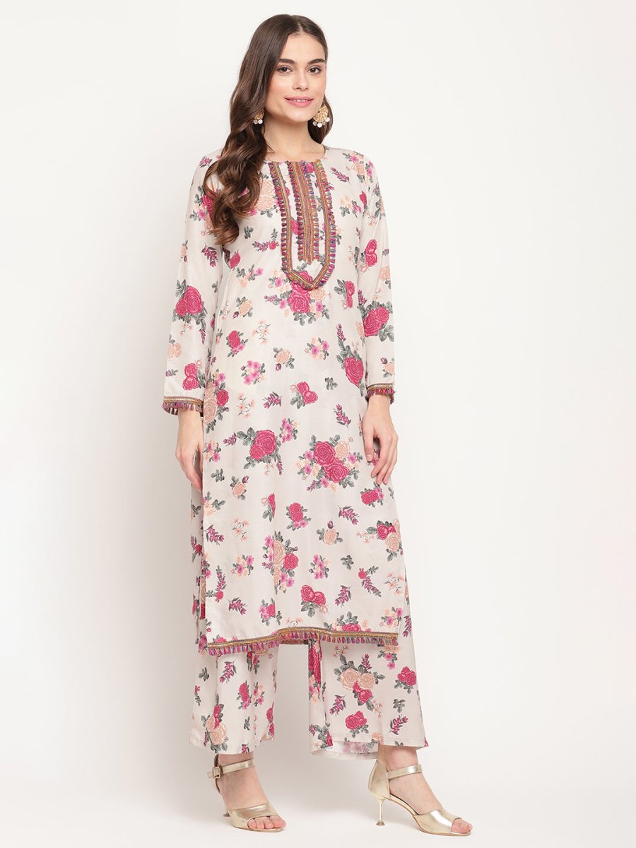 Ahalyaa Floral Printed Round Neck Floral Crepe Straight Kurta - Distacart