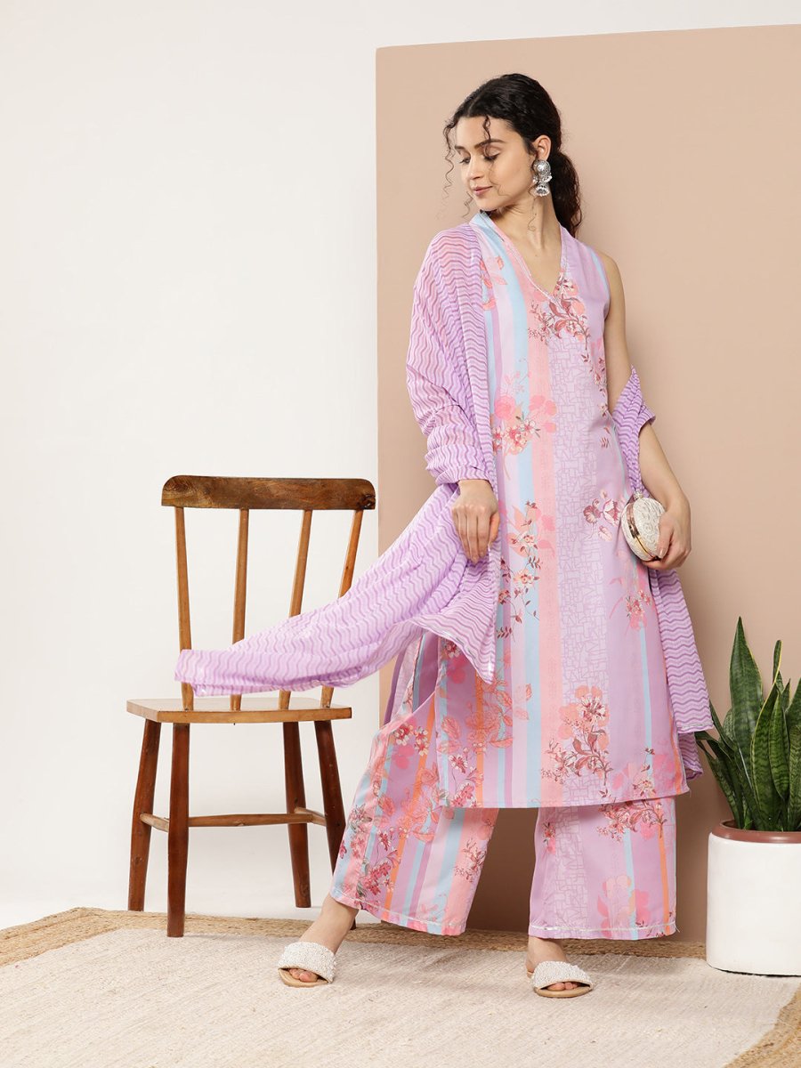 Ahalyaa Women Lavender Floral Printed Gotta Patti Kurta with Palazzos & With Dupatta - Distacart