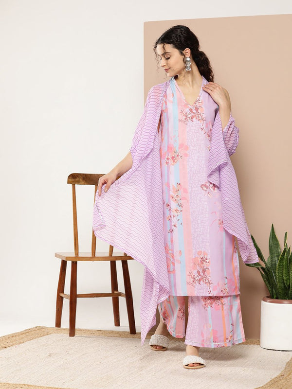 Ahalyaa Women Lavender Floral Printed Gotta Patti Kurta with Palazzos & With Dupatta - Distacart
