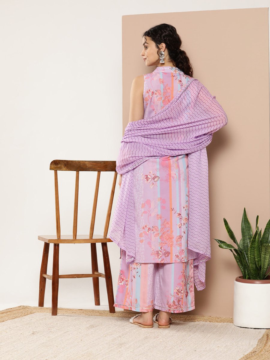 Ahalyaa Women Lavender Floral Printed Gotta Patti Kurta with Palazzos & With Dupatta - Distacart