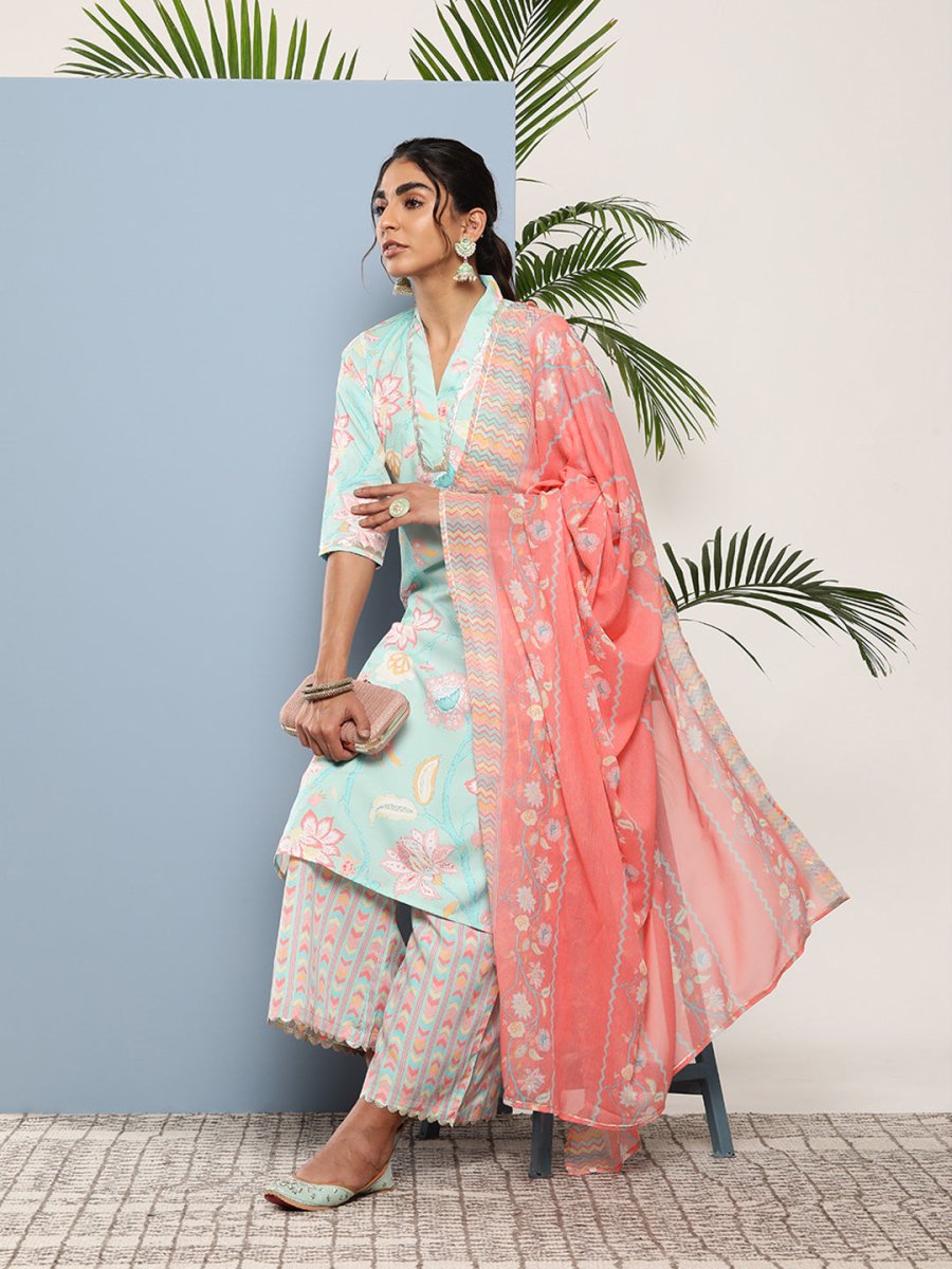 Ahalyaa Women Blue Floral Printed Gotta Patti Kurta with Palazzos & With Dupatta - Distacart