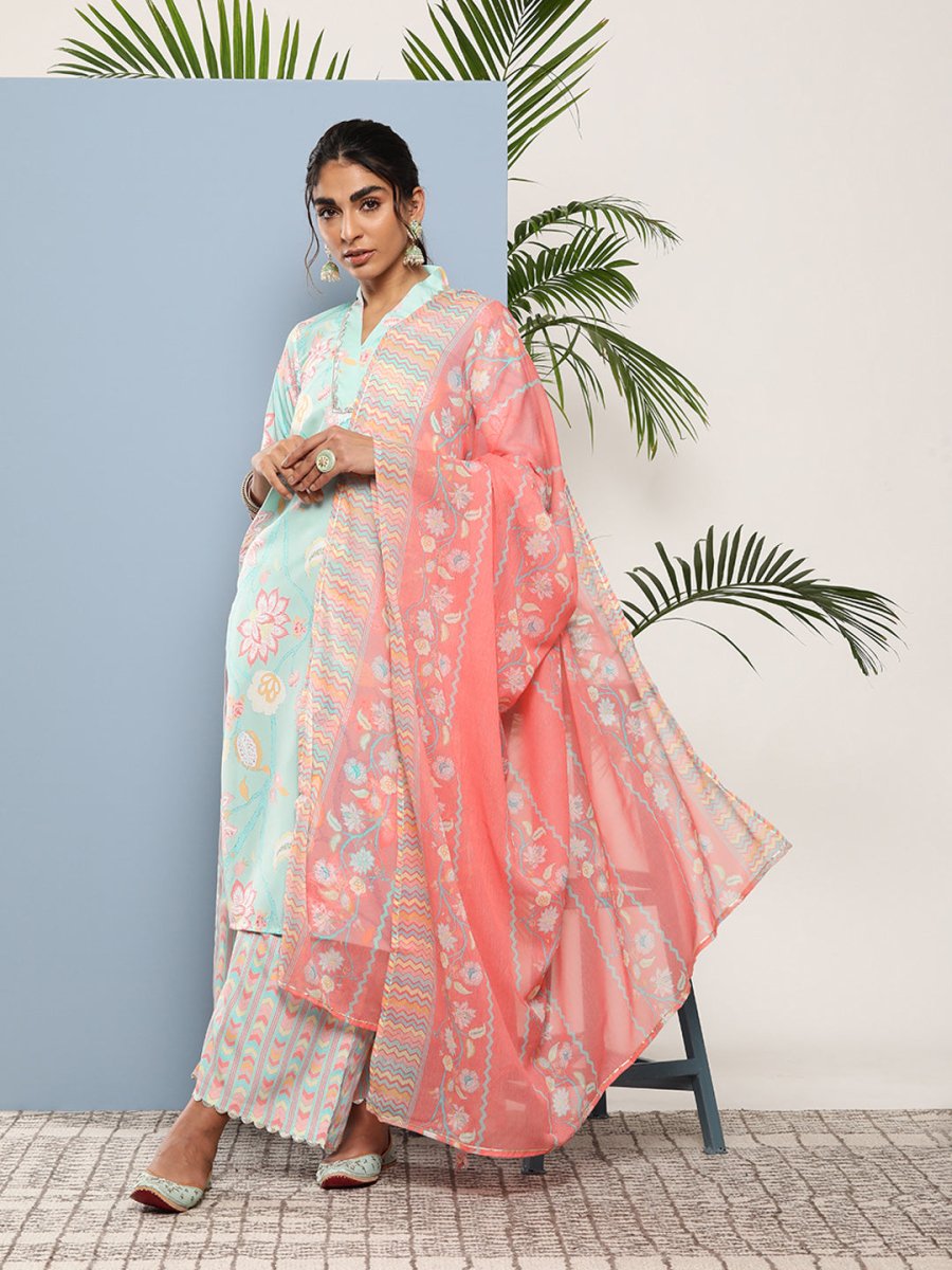 Ahalyaa Women Blue Floral Printed Gotta Patti Kurta with Palazzos & With Dupatta - Distacart
