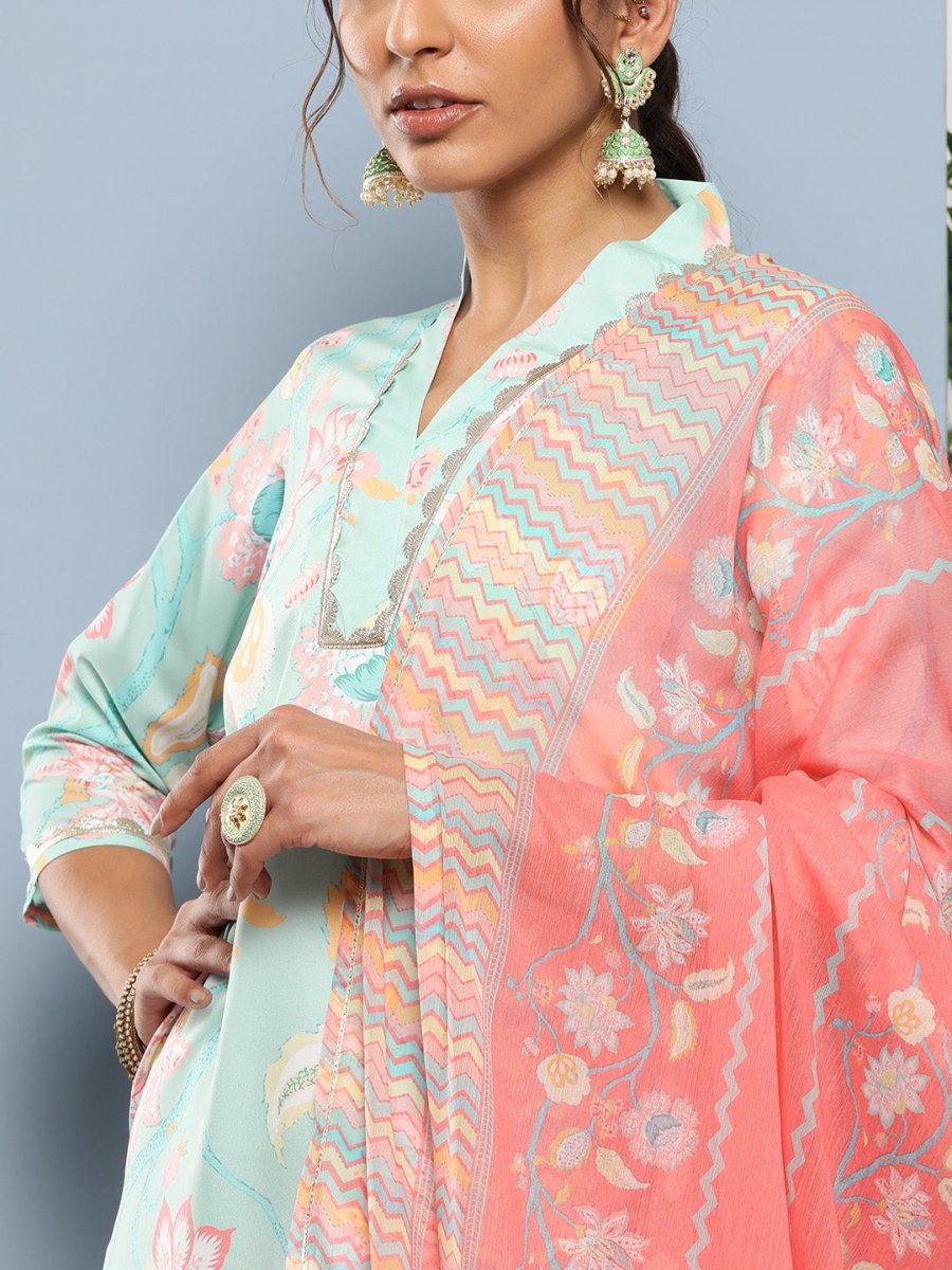 Ahalyaa Women Blue Floral Printed Gotta Patti Kurta with Palazzos & With Dupatta - Distacart