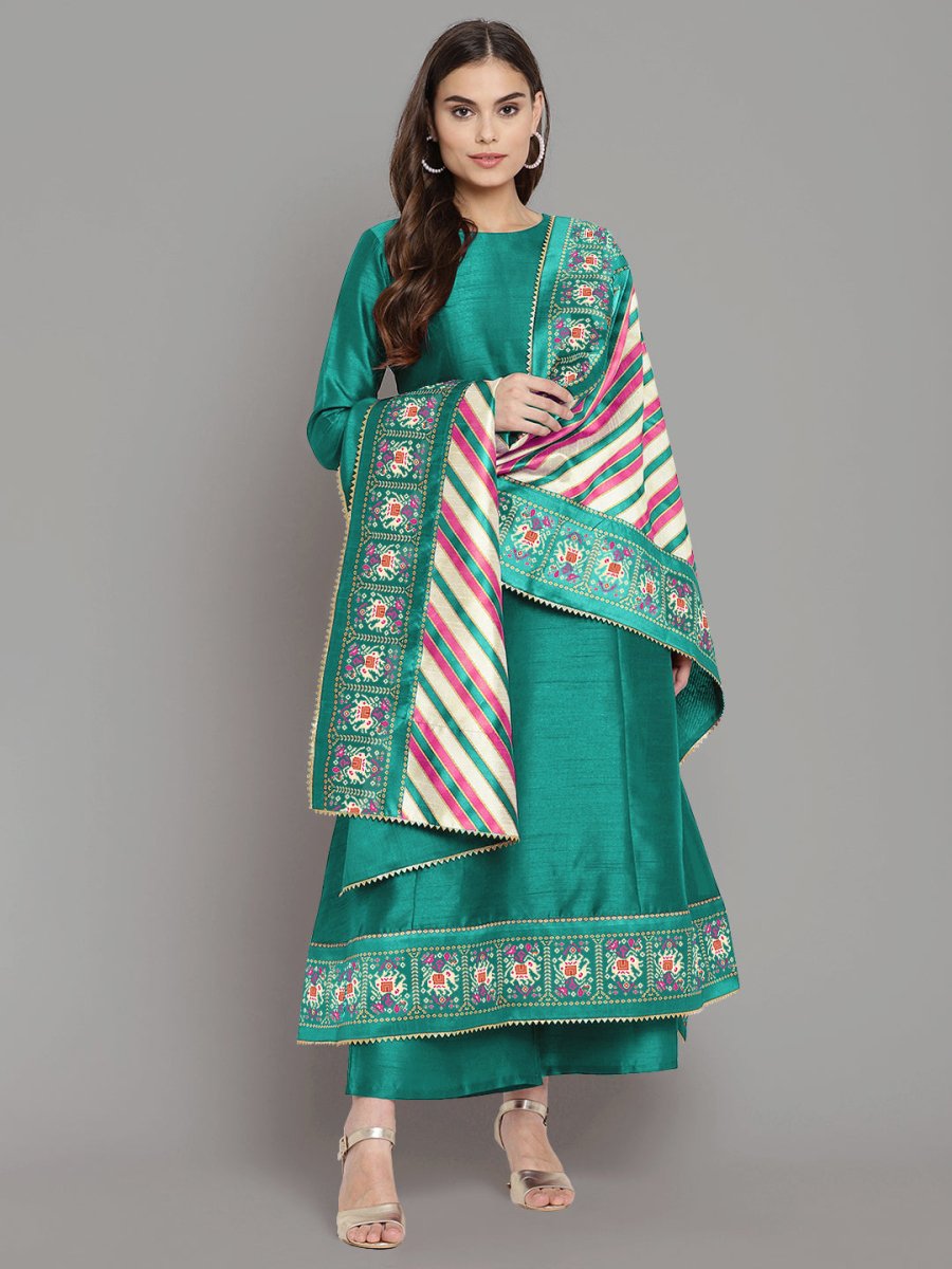 Ahalyaa Women Sea Green Printed Gotta Patti Kurti with Palazzos & Dupatta - Distacart