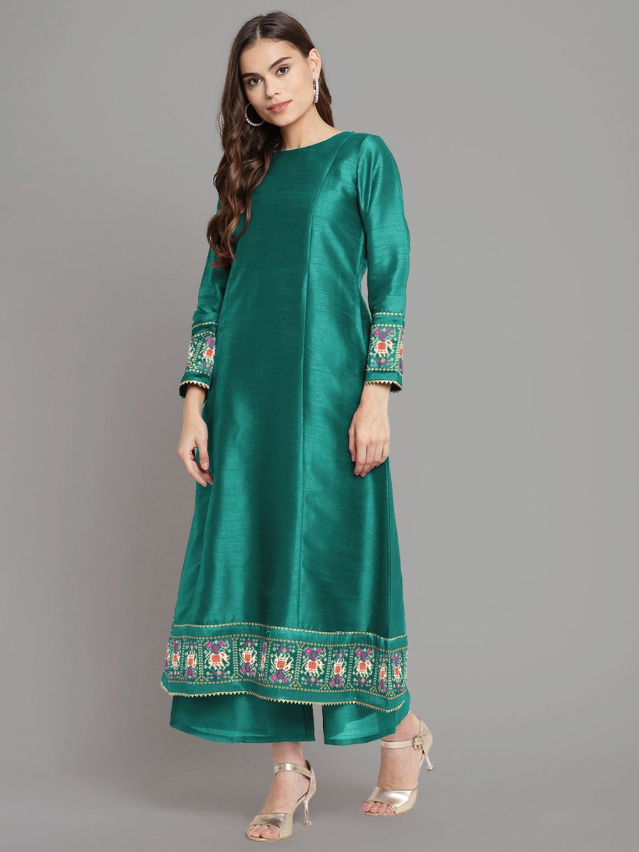 Ahalyaa Women Sea Green Printed Gotta Patti Kurti with Palazzos & Dupatta - Distacart