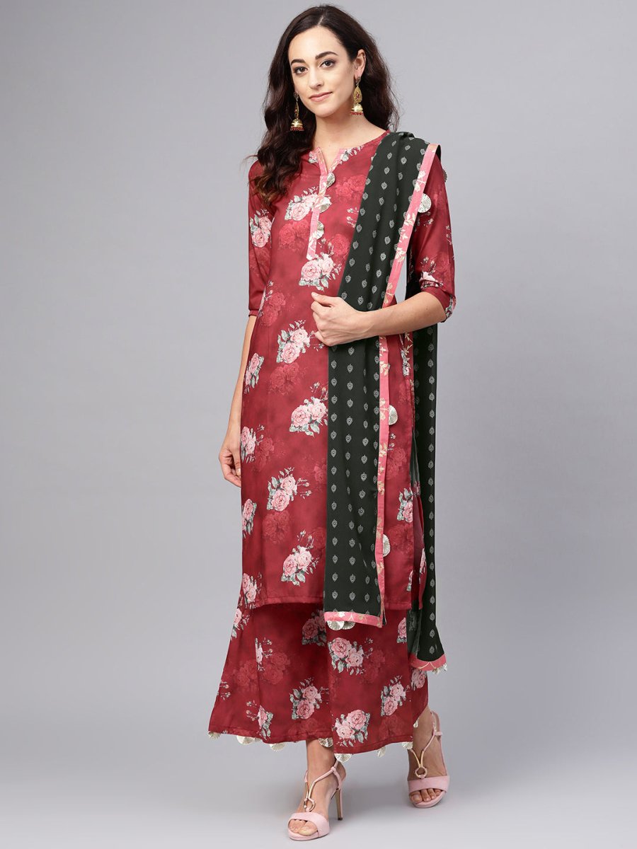 Ahalyaa Women Maroon Printed Kurta with Palazzo & Dupatta