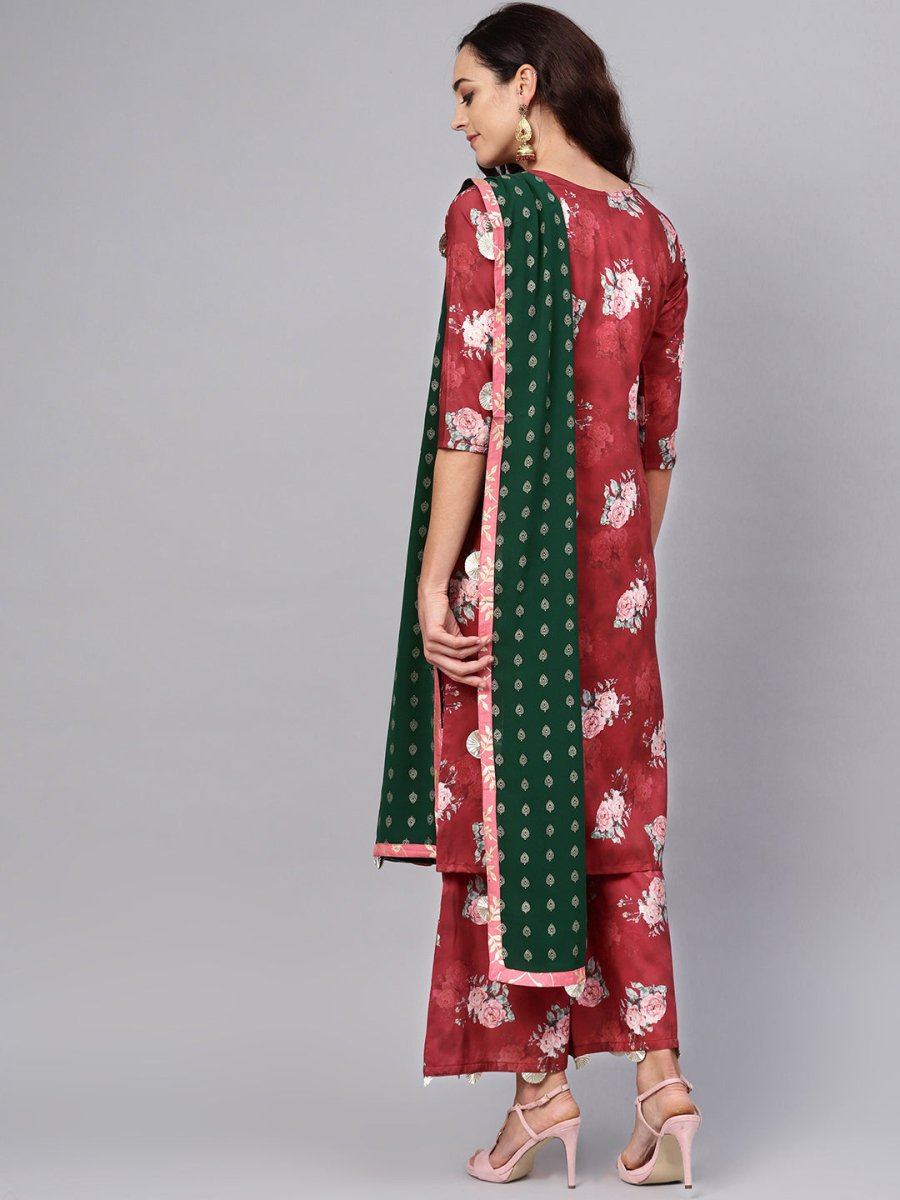 Ahalyaa Women Maroon Printed Kurta with Palazzo & Dupatta