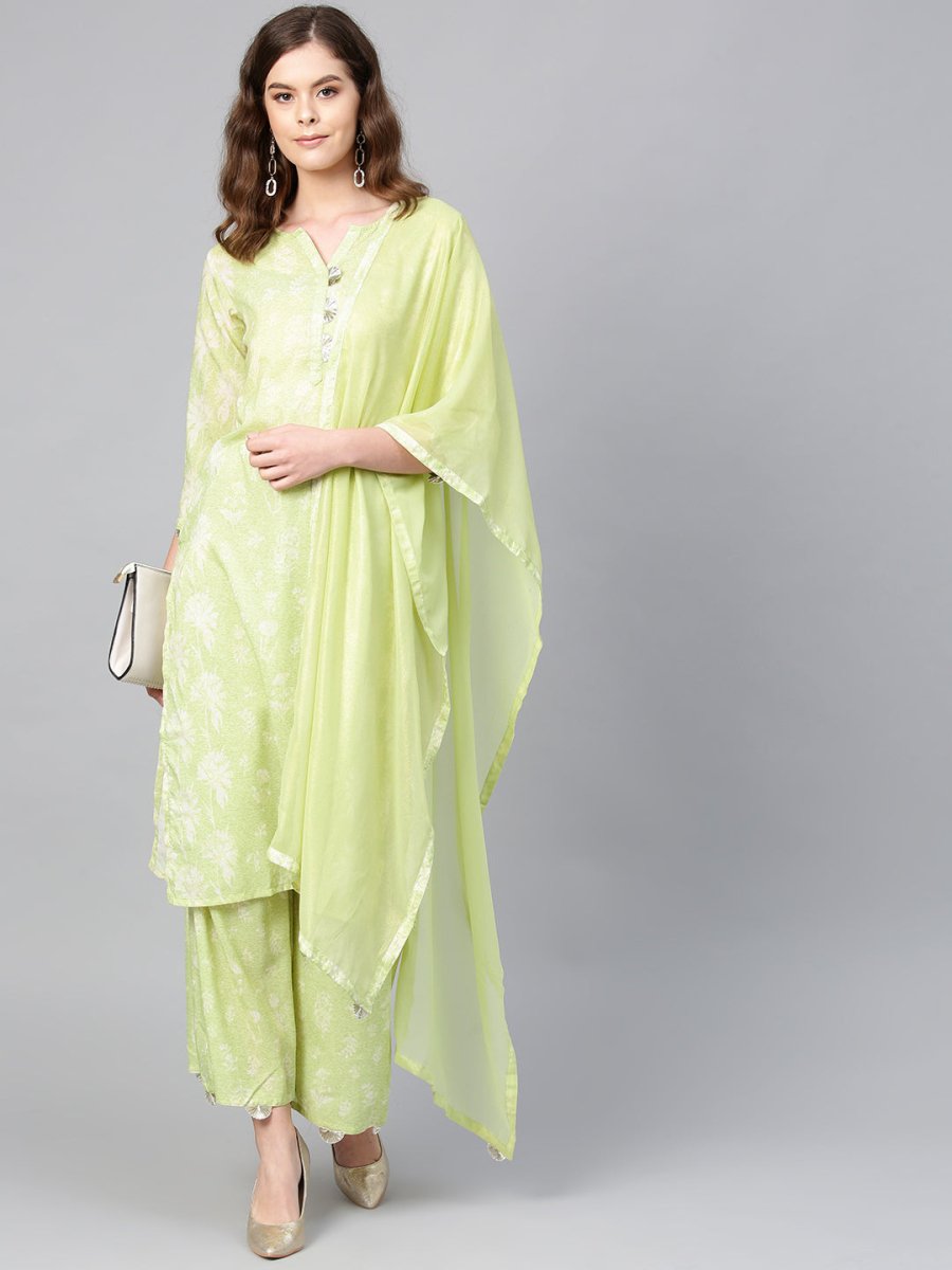 Ahalyaa Women Green & White Printed Kurta with Palazzos & Dupatta